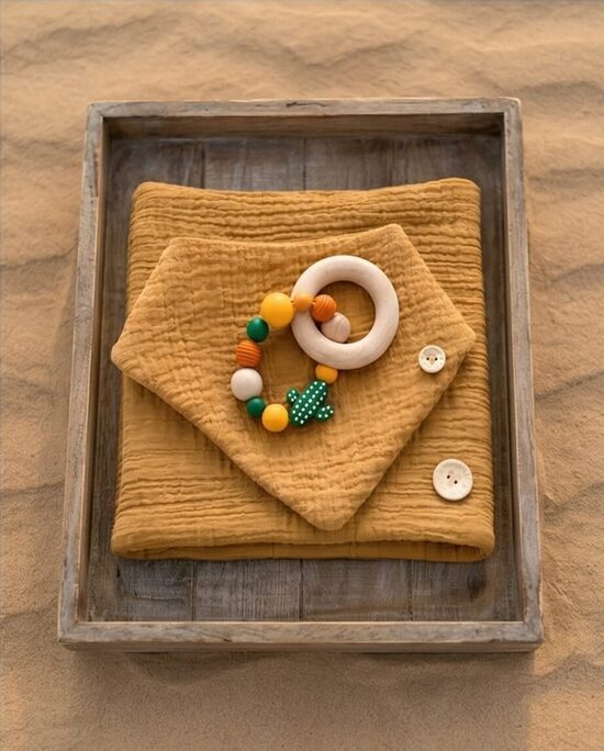 Western style Soother. Mustard Bib and drool cloth